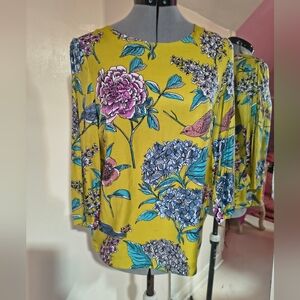 Source Unknown Floral Long-Sleeve Top - Mustard Yellow with Blue & Pink Accents